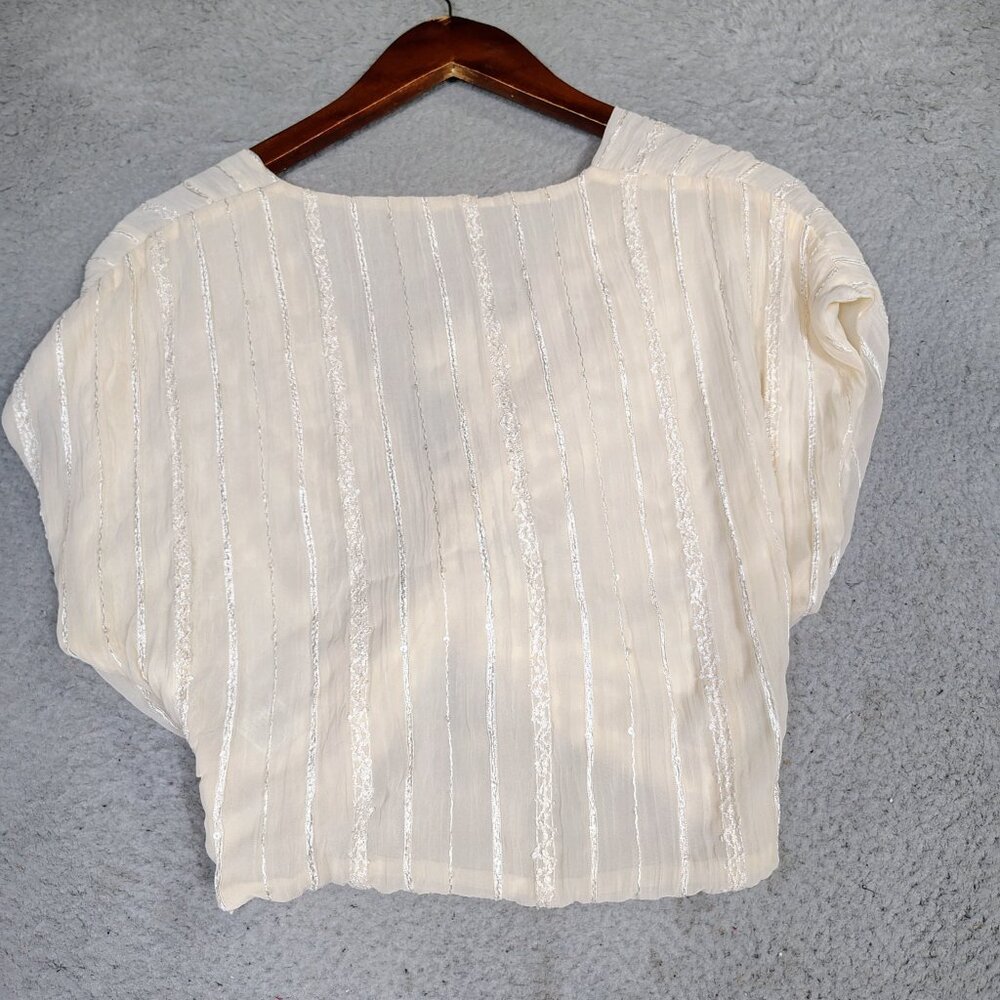 Zara Crop Top Women's Small Cream Striped Shimmer Knotted Hem Blouse Boho NWT - Picture 2 of 11